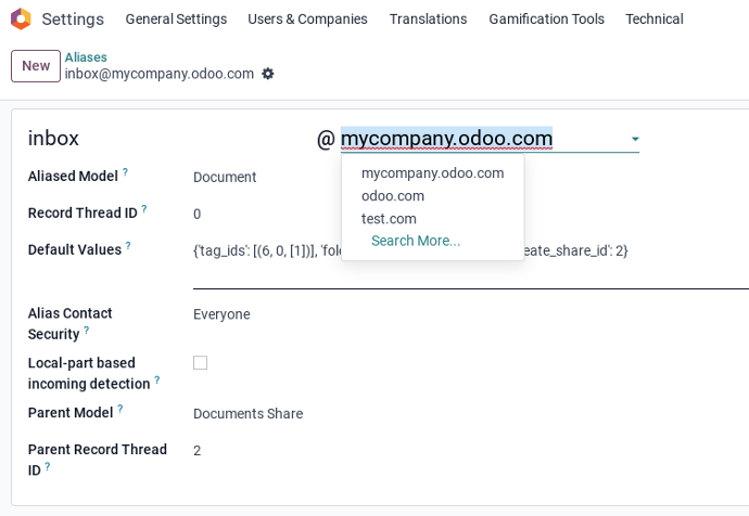 Billede af email alias mulit-company setup i Odoo